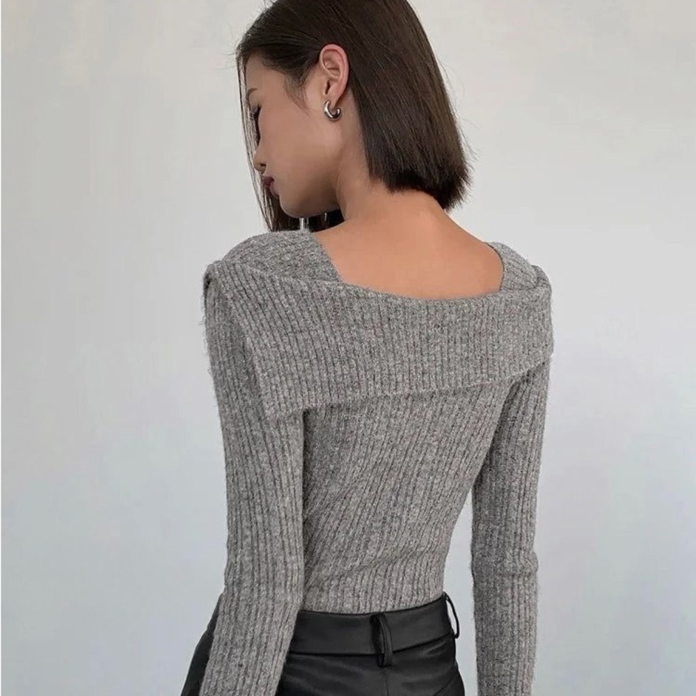 Dazy Ribbed Off Shoulder Knit Sweater Grey Fitted Minimalist Top Size S - Picture 12 of 13